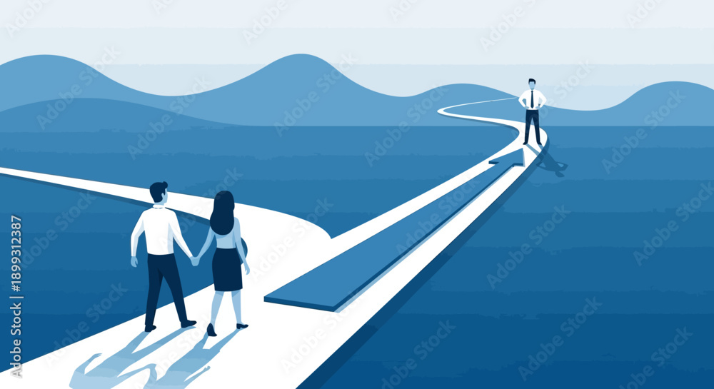 Obraz premium A couple at a crossroads, choosing between a shared path and an individual journey, symbolizing life decisions and relationship dynamics.