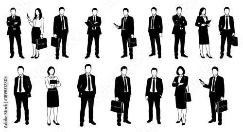 Collection of black silhouettes of business people, men and women, in various professional poses.