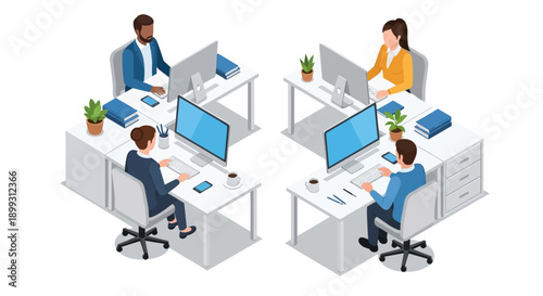 Isometric illustration of four diverse business people working at individual desks in an office environment with computers and office supplies.