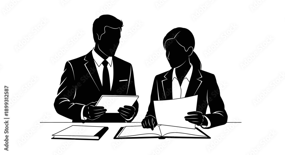 custom made wallpaper toronto digitalTwo business professionals in silhouette, a man and a woman, reviewing documents at a table.