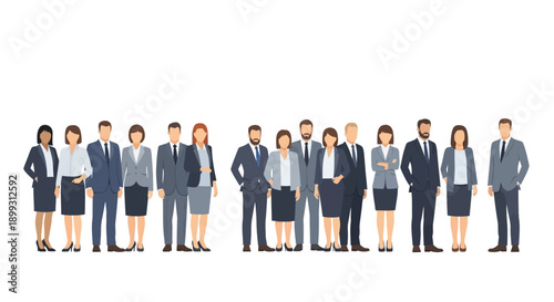 A diverse group of business professionals, both men and women, stand in two rows, dressed in formal attire.