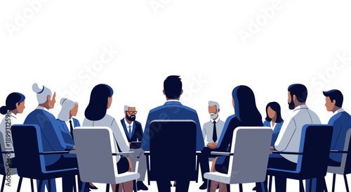 A diverse group of professionals are seated around a conference table, engaged in a meeting.