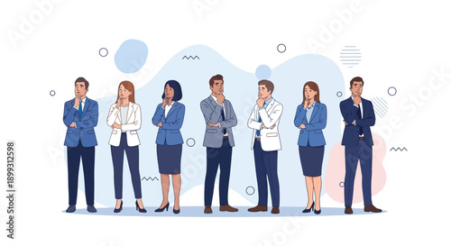 A diverse group of business professionals standing together in a line, contemplating and thinking.