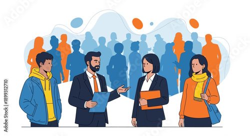 A diverse group of people, including students and professionals, engage in a discussion in front of a blurred crowd.