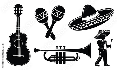 Cinco de mayo music silhouette set bundle instruments vector icon