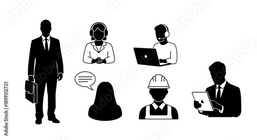 Collection of diverse professional silhouettes representing various job roles and business activities.