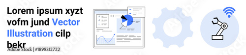 Data analysis, automation technology, process optimization, business growth, digital tools, and innovation. Analytics dashboard, gear and robotic arm with wireless connection. Data analysis