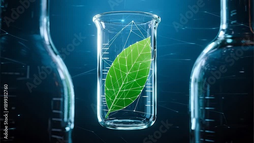 Leaf in glass beaker with digital grid