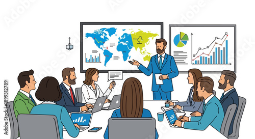 A diverse group of professionals in a modern boardroom, actively engaged in a strategic presentation featuring global data and financial charts.