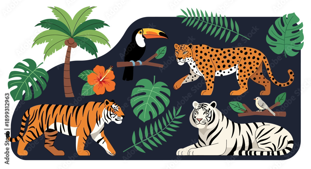 Fototapeta premium A vibrant illustration of various jungle animals including tigers, a jaguar, a toucan, and a white tiger, surrounded by lush tropical foliage and palm trees.