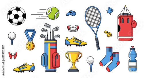 A vibrant collection of sports equipment and accessories, including a soccer ball, tennis racket, golf clubs, boxing bag, trophy, and athletic shoes.