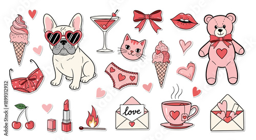 A collection of cute and romantic Valentine's Day themed illustrations featuring a French bulldog, teddy bear, cat, lipstick, and hearts.