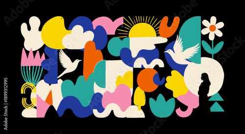 Abstract colorful illustration with sun, clouds, birds, flowers, and a silhouette of a person.