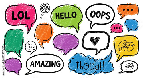 A vibrant collection of hand-drawn speech bubbles with various words and symbols.