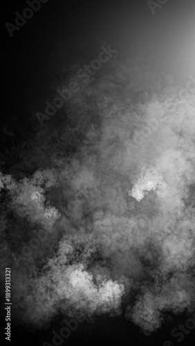 Vertical divine light through a dark fog. The rays beam light on the smoke floor. Spotlight on isolated background. Stock illustration.