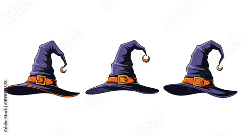 Collection of three purple and black witch hats with orange bands and buckles set against a plain white background.