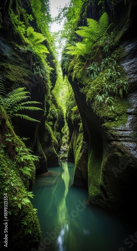 Serene narrow gorge with lush green ferns and tranquil water flowing through moss-covered rock walls in a pristine natural landscape