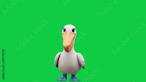 Cute 3D Animated White Pelican Character Standing on Chroma Key Green Screen Background for Easy Background Removal and Video Compositing Projects.