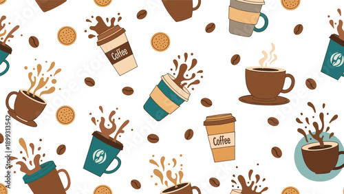 Vibrant seamless background pattern featuring splashing coffee cups, scattered roasted beans, and round cookies on white.