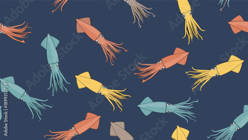 Seamless underwater pattern featuring a variety of colorful squids swimming in different directions against a dark blue background.