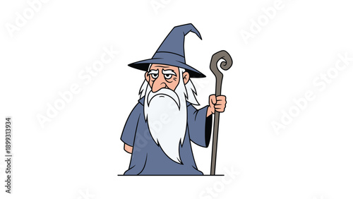 Portrait of an old wise wizard with a long white beard wearing a blue robe and holding a tall wooden magical staff.
