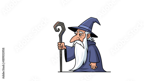 Side view of a mythical wizard character in a blue hat and robe walking while grasping a curved wooden magic staff.