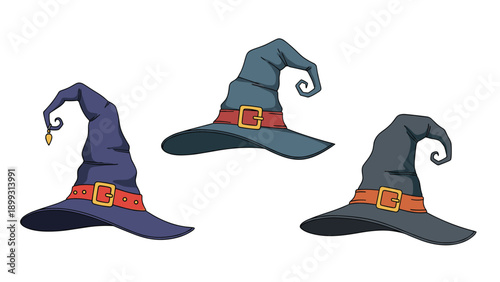 Selection of three crooked and pointy witch hats with different colored bands and buckles isolated on a plain white background.