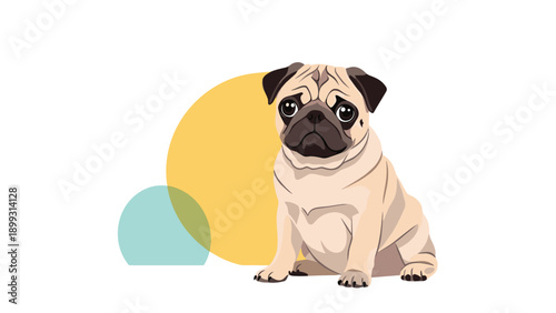 Charming illustration of a tan pug dog sitting patiently with a sad expression against a background of colored circles.