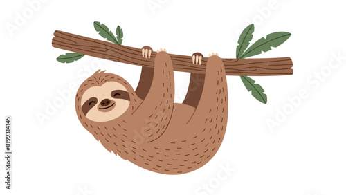 Adorable sloth hanging upside down from a tree branch with green leaves isolated on white background in flat cartoon style.