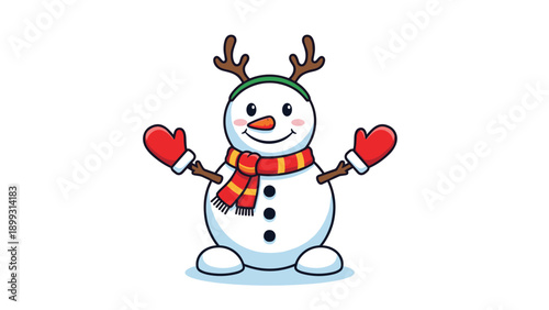 Cute winter snowman character wearing brown reindeer antlers green headband and red mittens with a striped scarf on white background.
