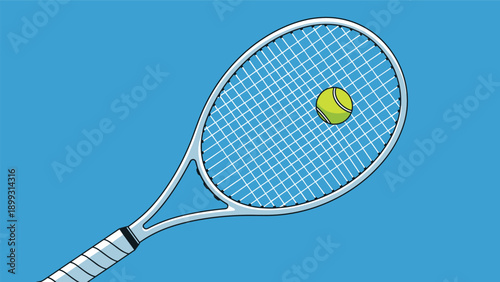 White tennis racket hitting a yellow tennis ball against a solid blue background in a dynamic sports action concept illustration.