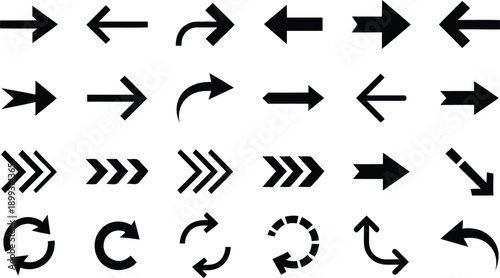 Collection of black directional arrows and circular refresh symbols on white background pointer left