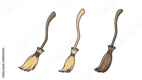 Three traditional wooden brooms with straw bristles in different shades of brown isolated on white background for cleaning or magic.