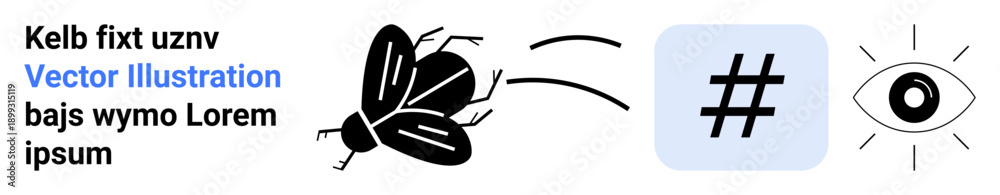 Obraz premium Black insect flies towards metadata tag and eye highlighted in minimalistic style. Ideal for nature, connectivity, observation, social media, creativity, technology, simple landing page