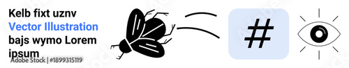 Black insect flies towards metadata tag and eye highlighted in minimalistic style. Ideal for nature, connectivity, observation, social media, creativity, technology, simple landing page