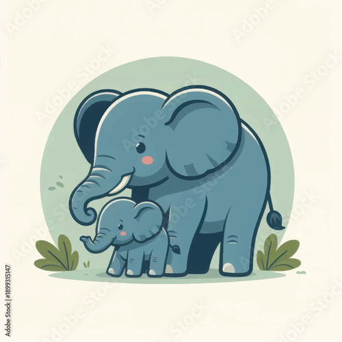 Cartoon Illustration of Adult and Baby Elephant.