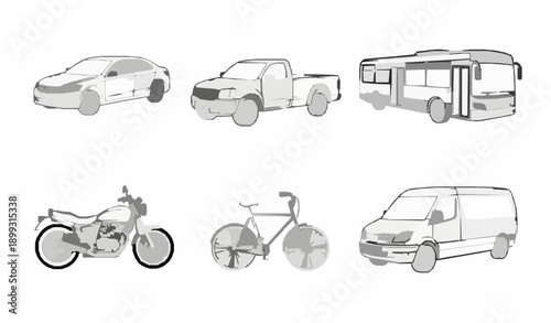 Black and white land transportation vector set with car bus truck and bicycle icons
