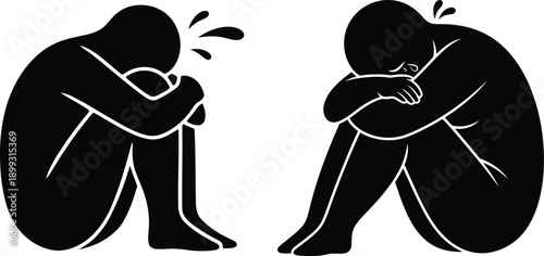 Depressed human figures sitting and crying in sadness black silhouette vector illustration