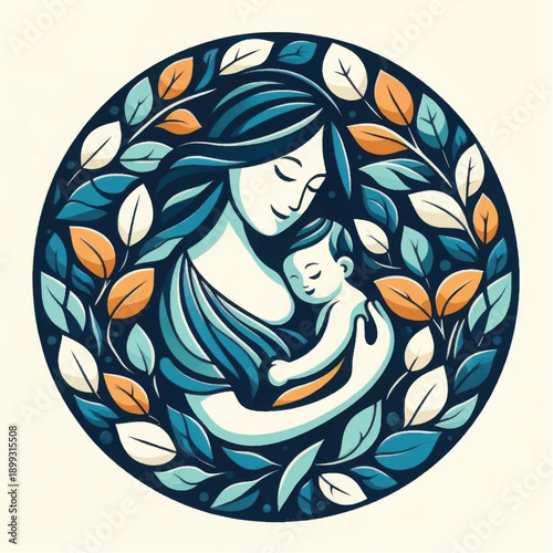 Mother Holding Baby in Floral Circle.