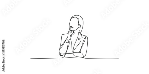 Continuous line drawing of a businesswoman deep in thought, pondering a new idea