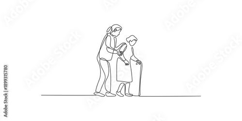 Continuous line art drawing showing a young woman assisting an older woman walking with a cane