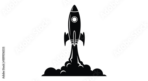 A sleek black rocket launching with fiery exhaust trails presented as a bold silhouette on transparent background high quality professional detailed