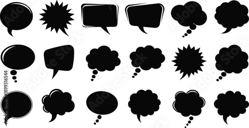 Speech and thought bubble silhouette vector set, black comic dialog icons for graphic design, storytelling, cartoon, communication and layout use.