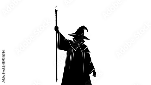 Mysterious Wizard Silhouette Holding a Glowing Staff. Fantasy Magic Figure Illustration.