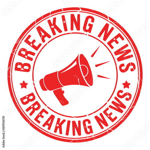 A red breaking news stamp with a megaphone illustration inside a circular border