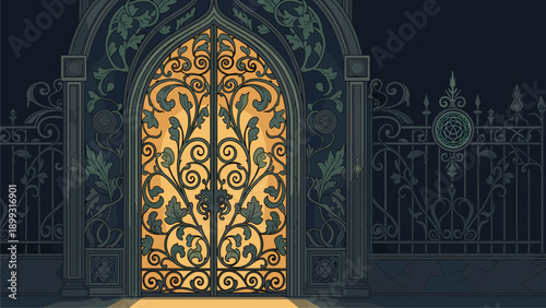 Elegant Ornate Wrought Iron Gate Glowing with Golden Light at Night, Mystical Entrance Illustration