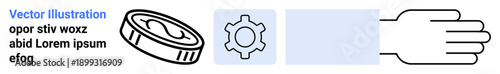 Hand beside coin sketch and gear illustration symbolizing technology, finance, collaboration, and support. Ideal for innovation, investment, teamwork, education, fintech business simple landing