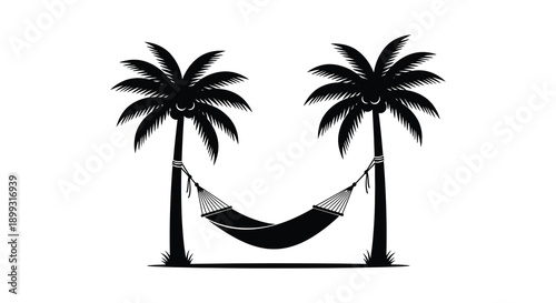 Two palm trees frame a black hammock suspended between them creating a tropical vacation scene on transparent background silhouette high quality