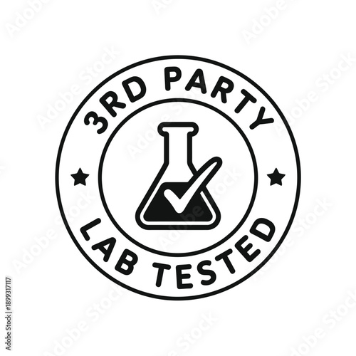 A circular black badge indicating third party lab testing certification