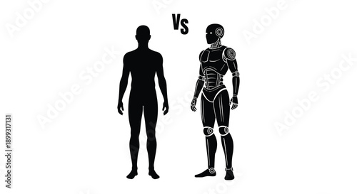 A striking comparison of a human and robotic figure presented as a black silhouette on transparent background high quality professional detailed